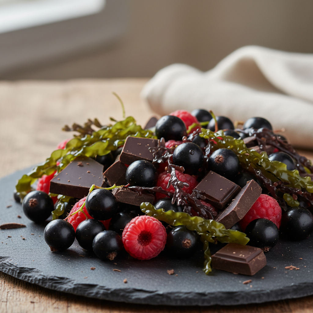 Close-up of berries, seaweed and chocolate