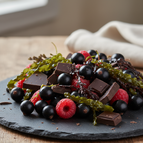 Close-up of berries, seaweed and chocolate