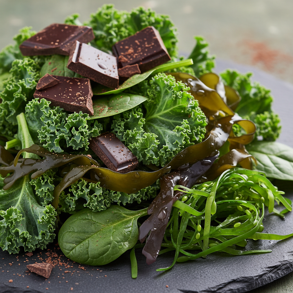Close-up of greens, sea plants and chocolate