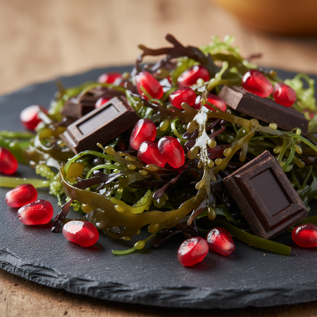 Close-up of pomegranate, sea greens and chocolate